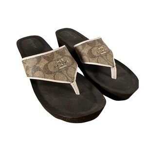 Brown Coach Monogram Wedge Flip Flops Janice Signature Canvas Platform 6B